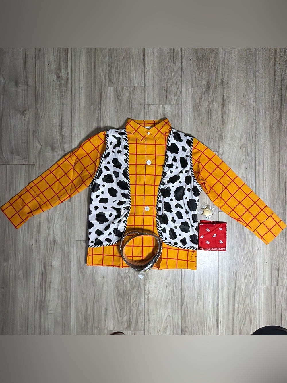Mens Toy Story costume Yellow Halloween Shirt with Cowprint Vest and Red Bandana